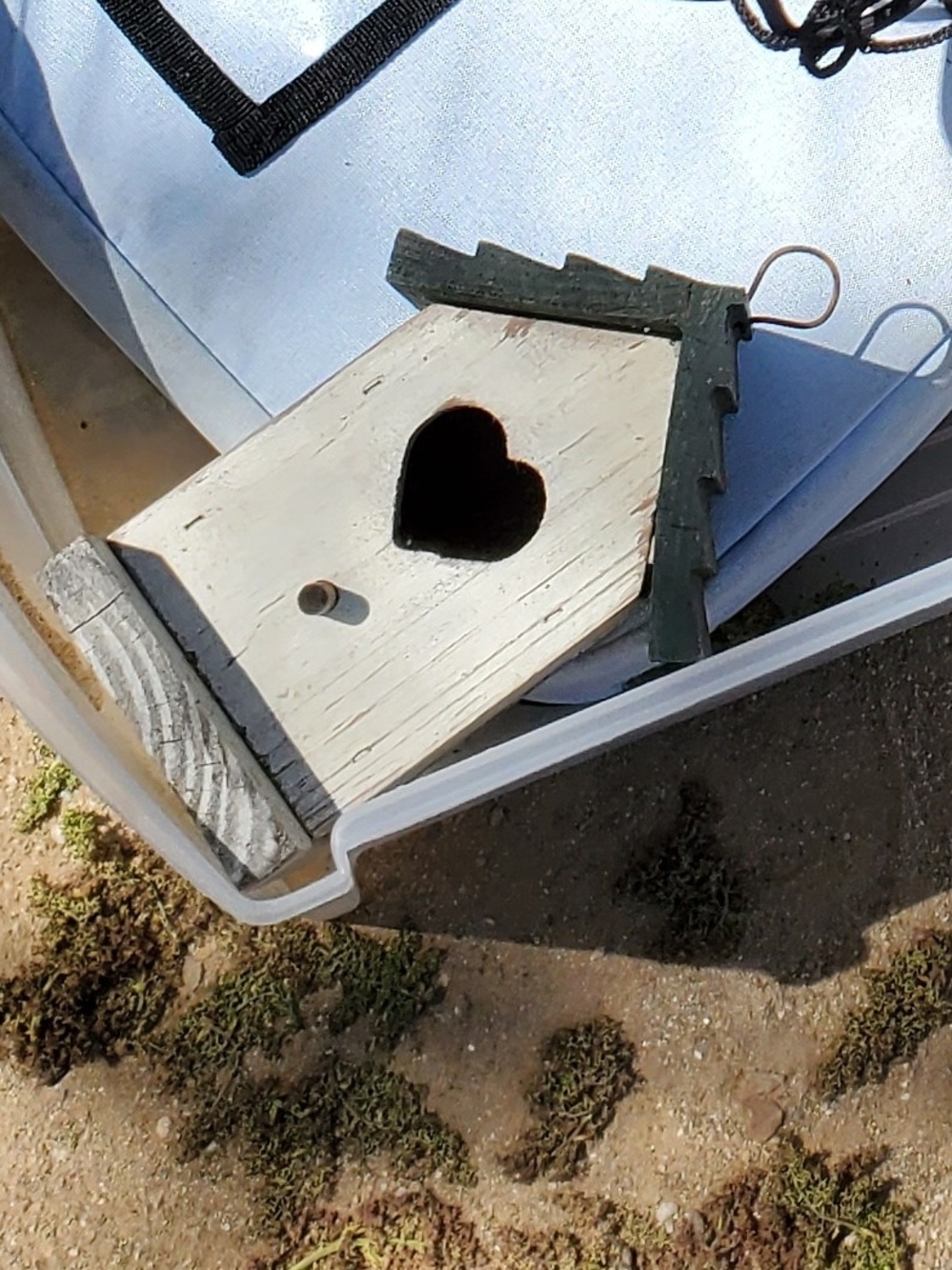 Small Rustic White and Green Wooden Birdhouse with Heart Entrance